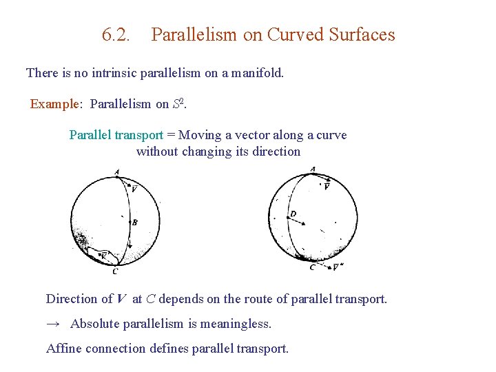 6. 2. Parallelism on Curved Surfaces There is no intrinsic parallelism on a manifold.