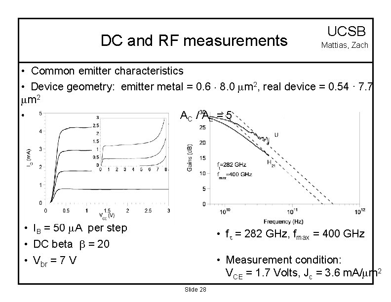 DC and RF measurements UCSB Mattias, Zach • Common emitter characteristics • Device geometry: