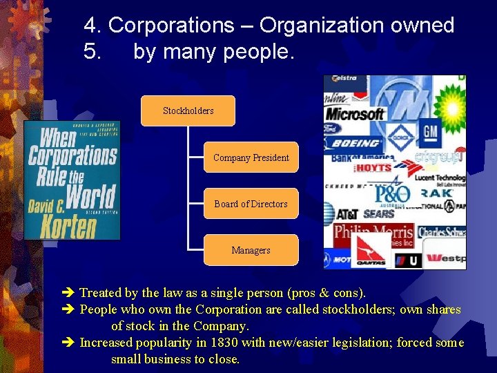 4. Corporations – Organization owned 5. by many people. Stockholders Company President Board of