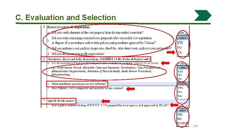 C. Evaluation and Selection e. g. : Performance Period; Allowable Costs and Payments; Termination;