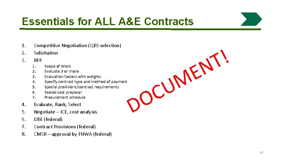 Essentials for ALL A&E Contracts 1. 2. 3. 4. 5. 6. 7. 8. Competitive