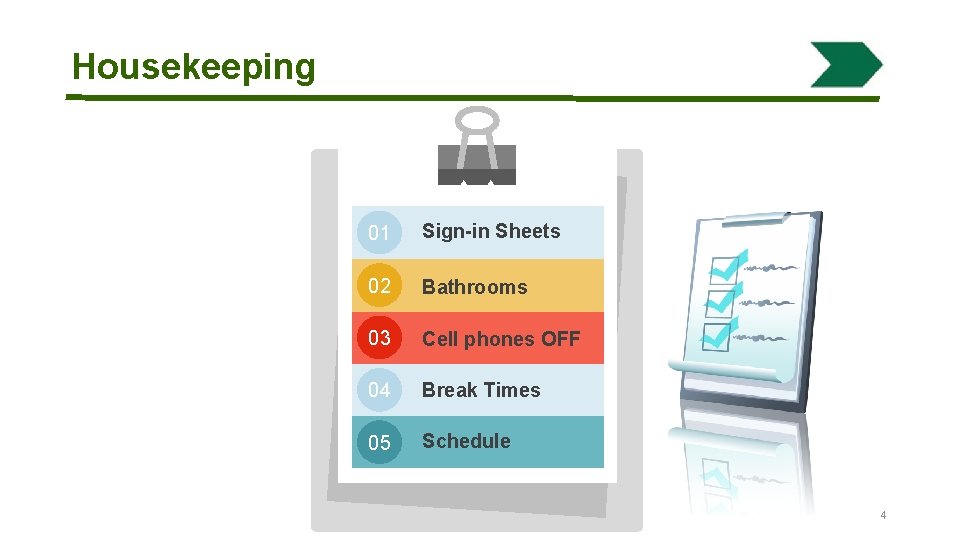 Housekeeping 01 Sign-in Sheets 02 Bathrooms 03 Cell phones OFF 04 Break Times 05