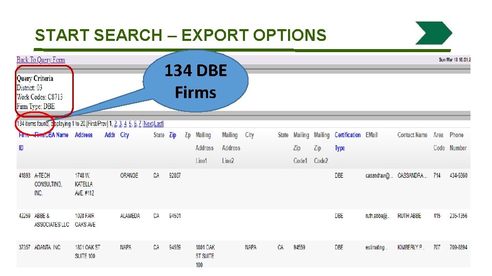 START SEARCH – EXPORT OPTIONS 134 DBE Firms 