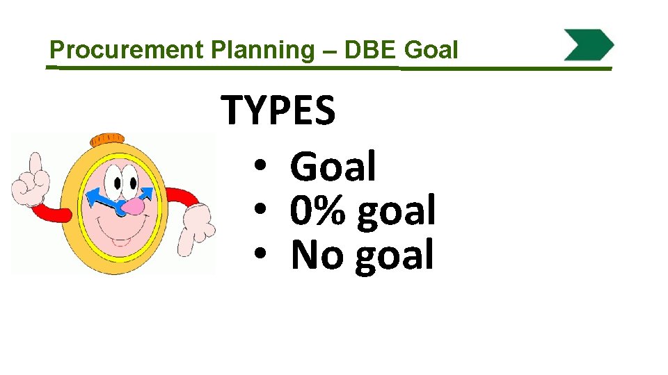 Procurement Planning – DBE Goal TYPES • Goal • 0% goal • No goal