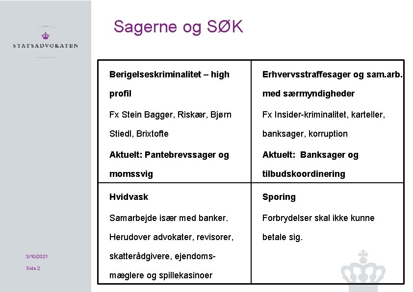 Sagerne og SØK 3/10/2021 Side 2 Berigelseskriminalitet – high Erhvervsstraffesager og sam. arb. profil