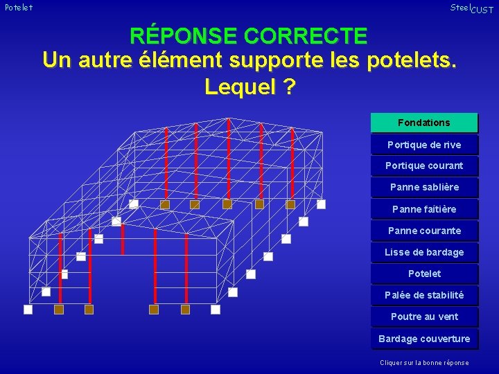 Potelet Steel. CUST RÉPONSE CORRECTE Un autre élément supporte les potelets. Lequel ? Fondations