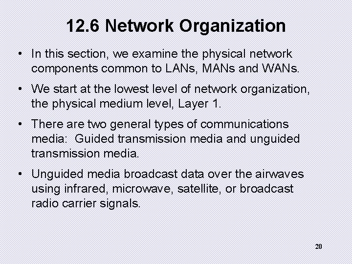 12. 6 Network Organization • In this section, we examine the physical network components