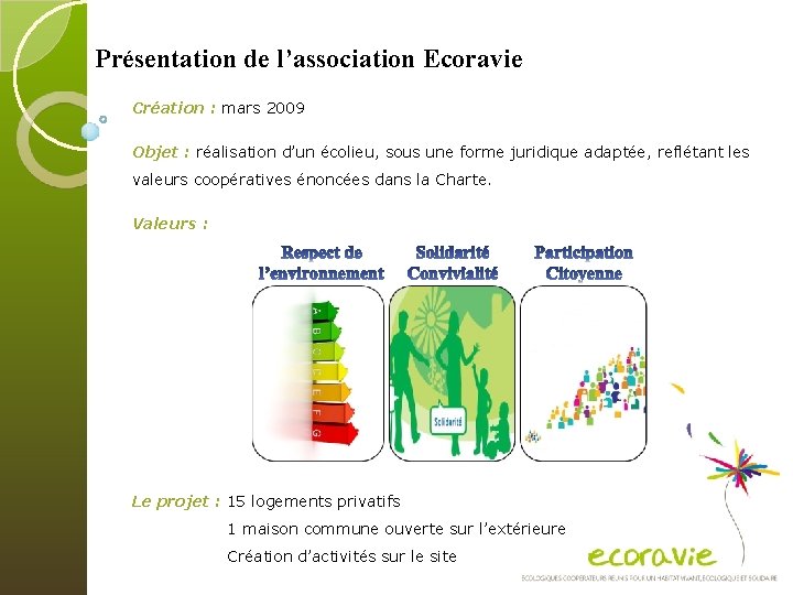 Présentation de l’association Ecoravie Création : mars 2009 Objet : réalisation d’un écolieu, sous