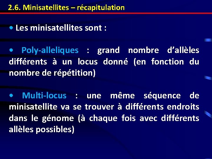 2. 6. Minisatellites – récapitulation • Les minisatellites sont : • Poly-alleliques : grand