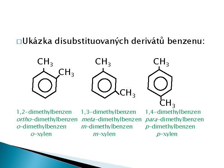 � Ukázka CH 3 disubstituovaných derivátů benzenu: CH 3 CH 3 1, 2 -dimethylbenzen � Ukázka CH 3 disubstituovaných derivátů benzenu: CH 3 CH 3 1, 2 -dimethylbenzen