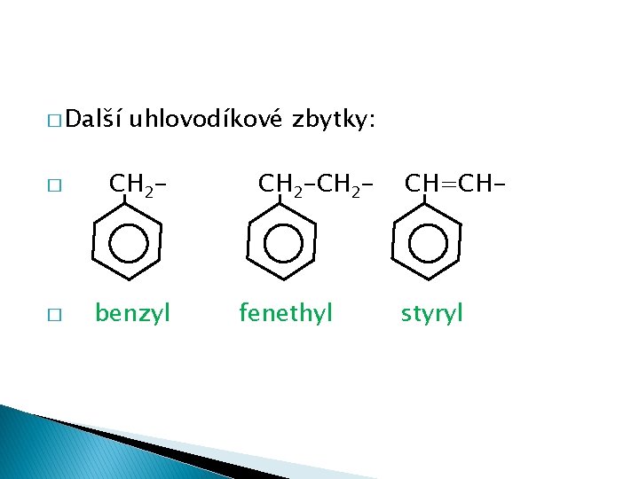 � Další uhlovodíkové zbytky: � CH 2 - � benzyl CH 2 - fenethyl � Další uhlovodíkové zbytky: � CH 2 - � benzyl CH 2 - fenethyl