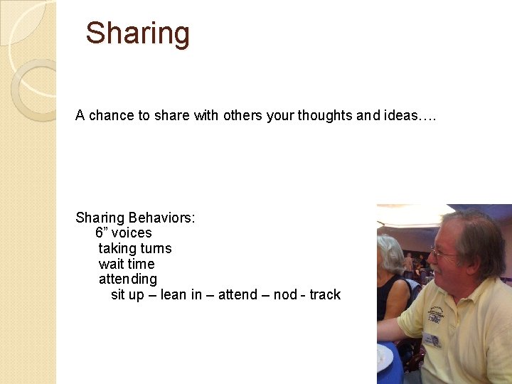 Sharing A chance to share with others your thoughts and ideas…. Sharing Behaviors: 6”