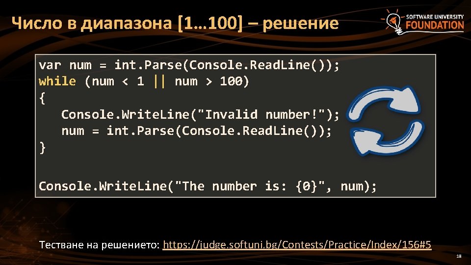Число в диапазона [1… 100] – решение var num = int. Parse(Console. Read. Line());