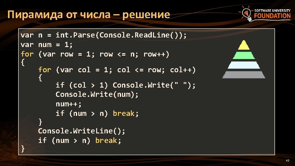 Пирамида от числа – решение var for { } n = int. Parse(Console. Read. Пирамида от числа – решение var for { } n = int. Parse(Console. Read.