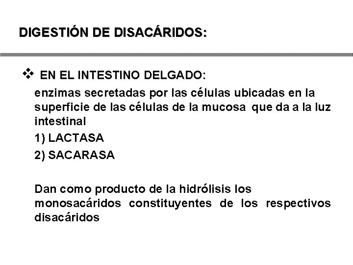 DIGESTIÓN DE DISACÁRIDOS: v EN EL INTESTINO DELGADO: enzimas secretadas por las células ubicadas