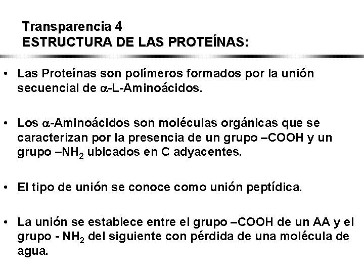 Transparencia 4 ESTRUCTURA DE LAS PROTEÍNAS: • Las Proteínas son polímeros formados por la