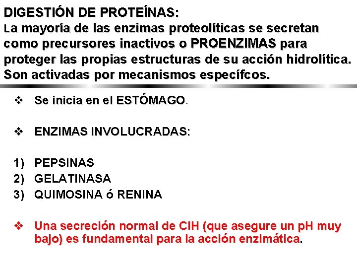 DIGESTIÓN DE PROTEÍNAS: La mayoría de las enzimas proteolíticas se secretan como precursores inactivos