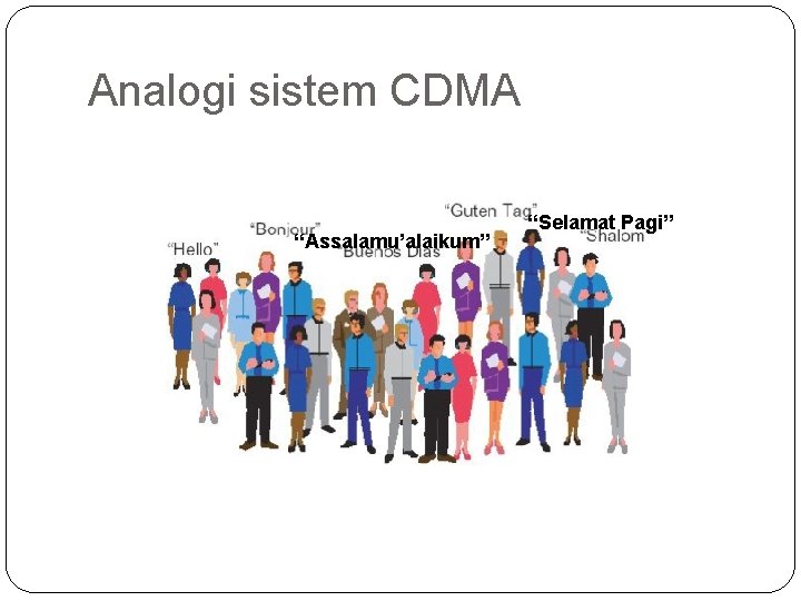 Analogi sistem CDMA “Assalamu’alaikum” “Selamat Pagi” Analogi sistem CDMA “Assalamu’alaikum” “Selamat Pagi”