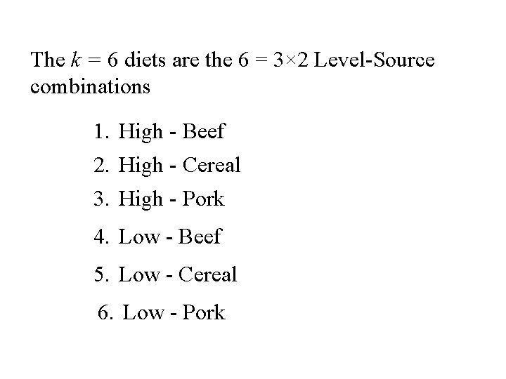 The k = 6 diets are the 6 = 3× 2 Level-Source combinations 1.