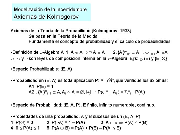 Modelización de la incertidumbre Axiomas de Kolmogorov Axiomas de la Teoría de la Probabilidad