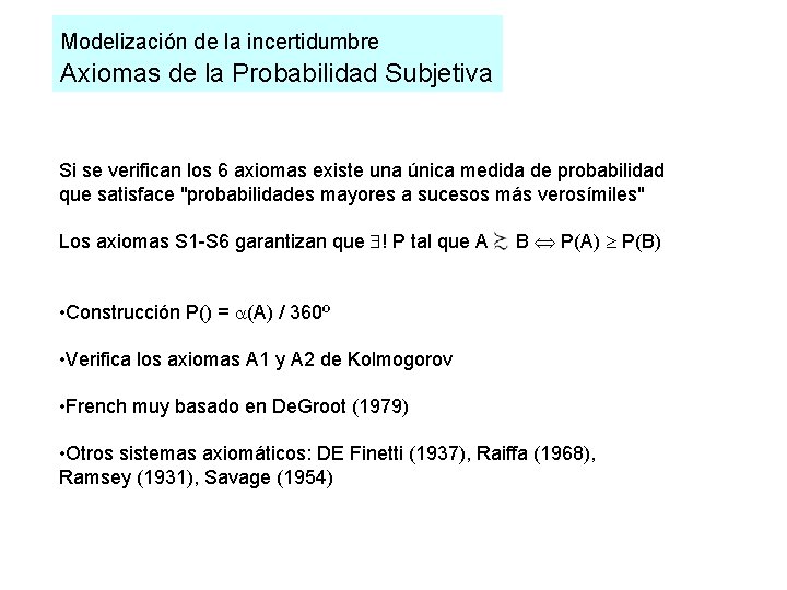 Modelización de la incertidumbre Axiomas de la Probabilidad Subjetiva Si se verifican los 6