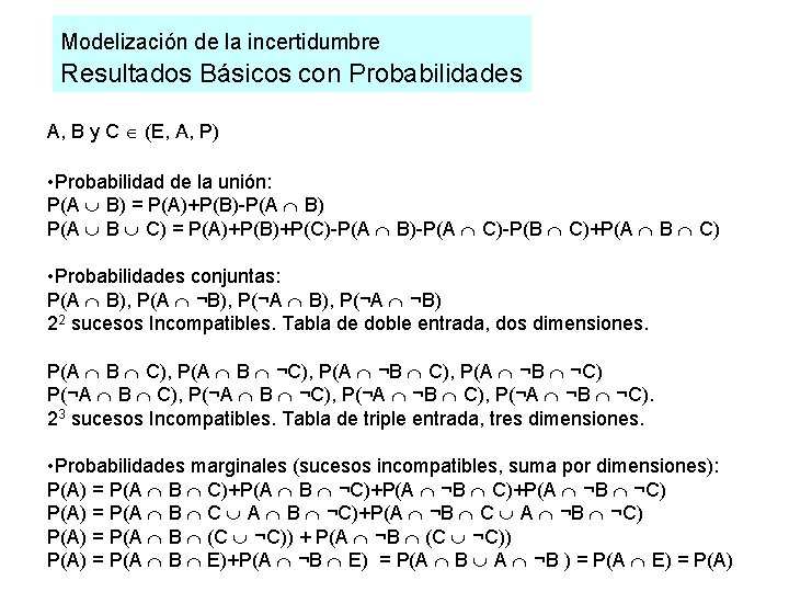 Modelización de la incertidumbre Resultados Básicos con Probabilidades A, B y C (E, A,