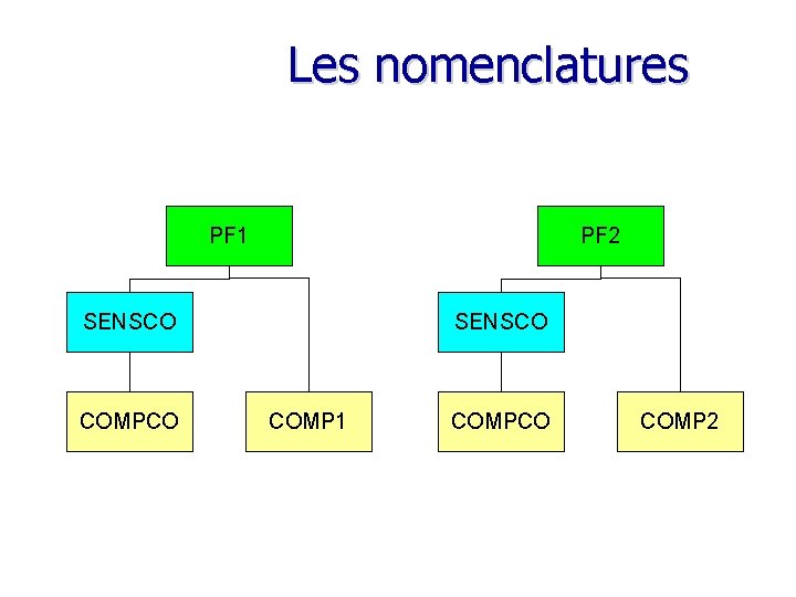 Les nomenclatures PF 1 PF 2 SENSCO COMPCO SENSCO COMP 1 COMPCO COMP 2