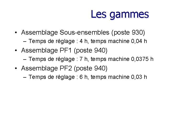 Les gammes • Assemblage Sous-ensembles (poste 930) – Temps de réglage : 4 h,