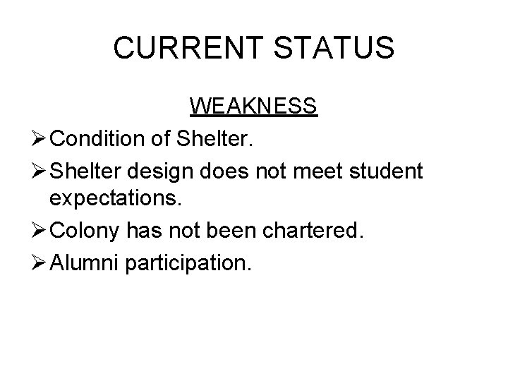 CURRENT STATUS WEAKNESS Ø Condition of Shelter. Ø Shelter design does not meet student