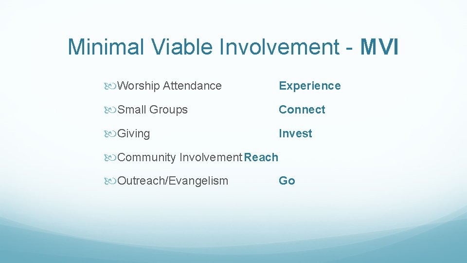 Minimal Viable Involvement - MVI Worship Attendance Experience Small Groups Connect Giving Invest Community