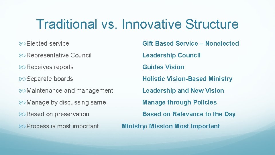 Traditional vs. Innovative Structure Elected service Gift Based Service – Nonelected Representative Council Leadership