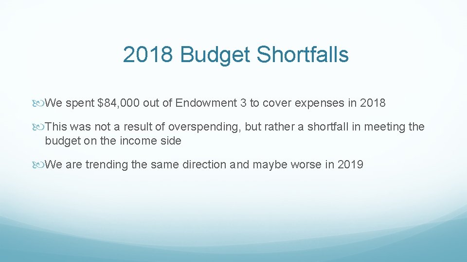  2018 Budget Shortfalls We spent $84, 000 out of Endowment 3 to cover