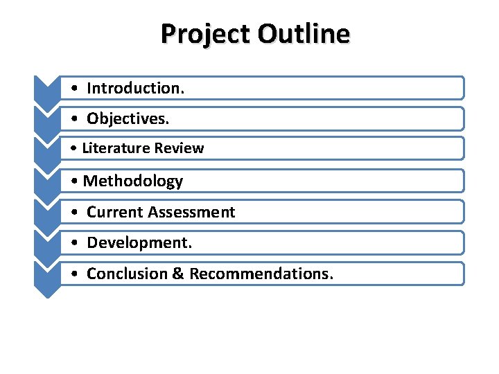 Project Outline • Introduction. • Objectives. • Literature Review • Methodology • Current Assessment