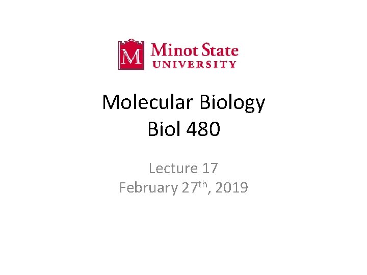 Molecular Biology Biol 480 Lecture 17 February 27 th, 2019 