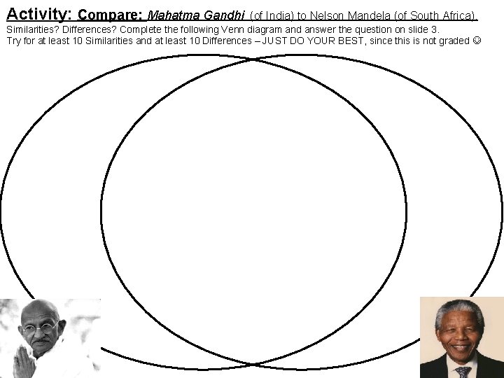 Activity: Compare: Mahatma Gandhi (of India) to Nelson Mandela (of South Africa). Similarities? Differences? Activity: Compare: Mahatma Gandhi (of India) to Nelson Mandela (of South Africa). Similarities? Differences?