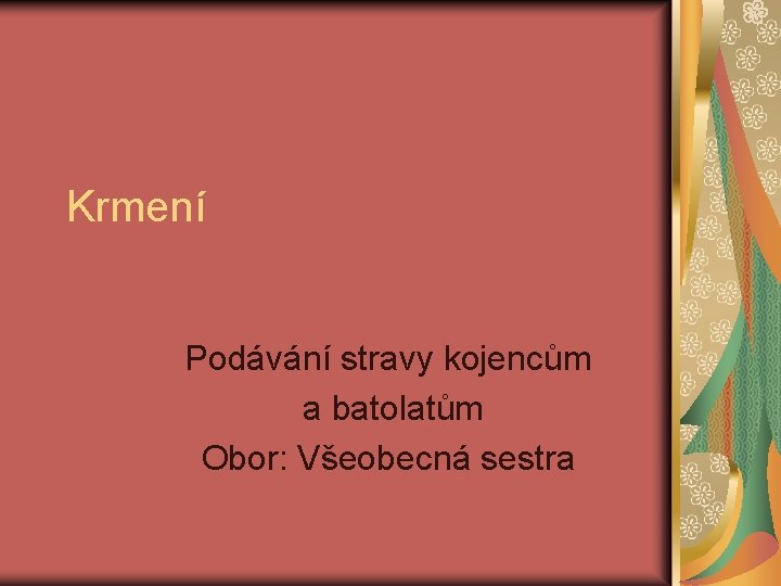 Krmení Podávání stravy kojencům a batolatům Obor: Všeobecná sestra 