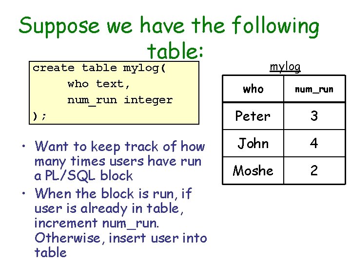 Suppose we have the following table: create table mylog( who text, num_run integer );