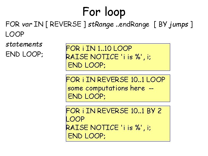 For loop FOR var IN [ REVERSE ] st. Range. . end. Range [