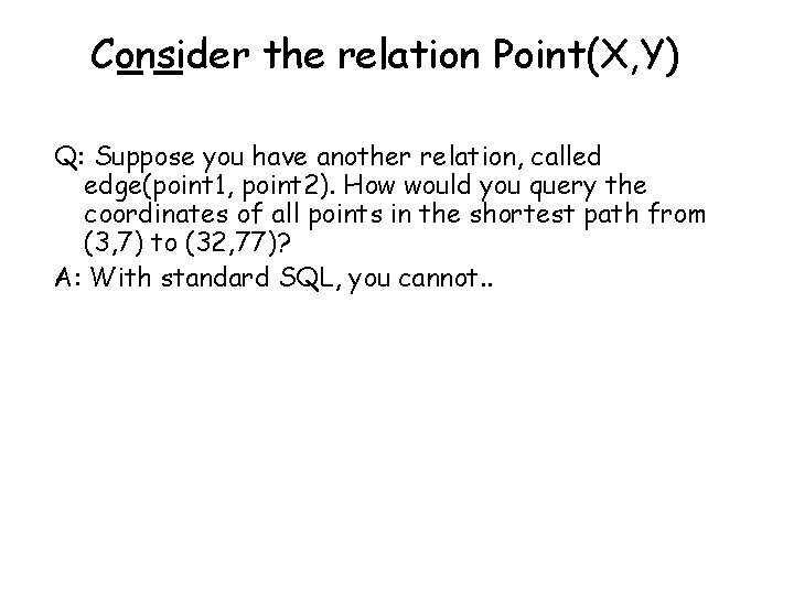 Consider the relation Point(X, Y) Q: Suppose you have another relation, called edge(point 1,