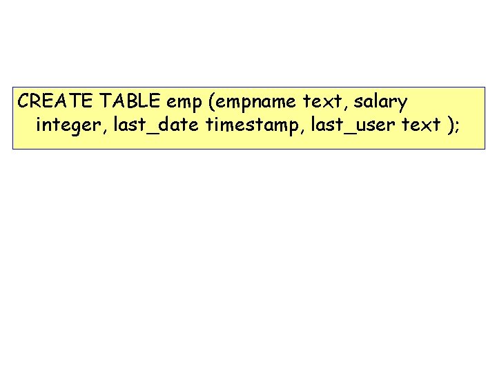 CREATE TABLE emp (empname text, salary integer, last_date timestamp, last_user text ); 