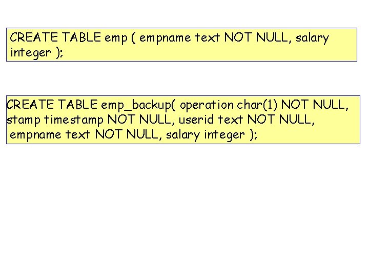 CREATE TABLE emp ( empname text NOT NULL, salary integer ); CREATE TABLE emp_backup(