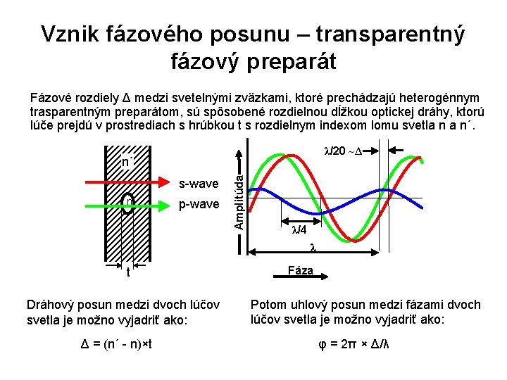 Vznik fázového posunu – transparentný fázový preparát Fázové rozdiely Δ medzi svetelnými zväzkami, ktoré