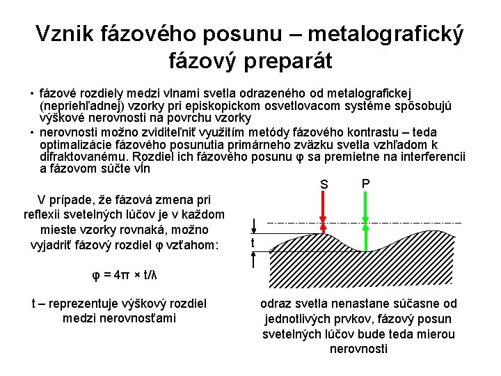 Vznik fázového posunu – metalografický fázový preparát • fázové rozdiely medzi vlnami svetla odrazeného