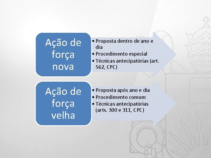 Ação de força nova • Proposta dentro de ano e dia • Procedimento especial