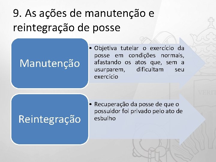 9. As ações de manutenção e reintegração de posse Manutenção Reintegração • Objetiva tutelar