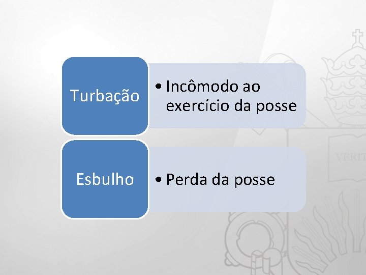  • Incômodo ao Turbação exercício da posse Esbulho • Perda da posse 