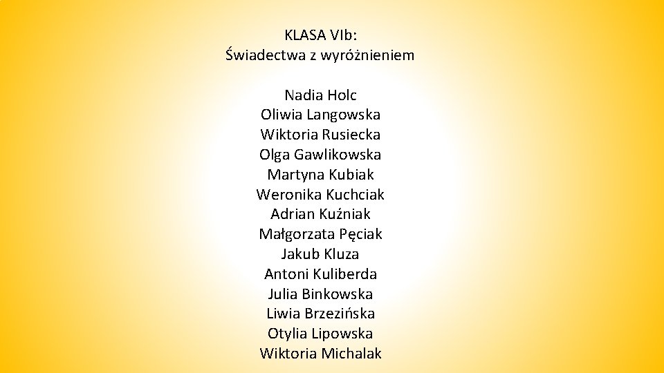 KLASA VIb: Świadectwa z wyróżnieniem Nadia Holc Oliwia Langowska Wiktoria Rusiecka Olga Gawlikowska Martyna