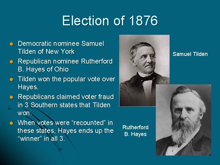 Election of 1876 l l l Democratic nominee Samuel Tilden of New York Republican
