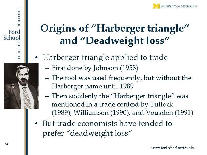 Origins of “Harberger triangle” and “Deadweight loss” • Harberger triangle applied to trade –