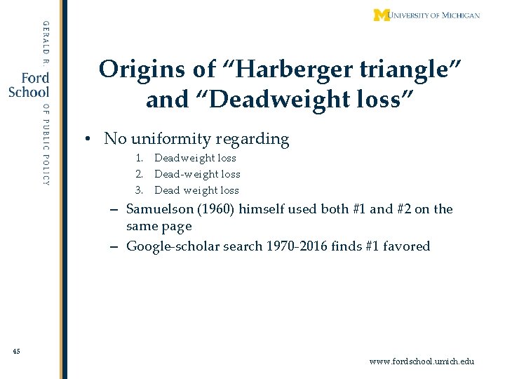 Origins of “Harberger triangle” and “Deadweight loss” • No uniformity regarding 1. Deadweight loss